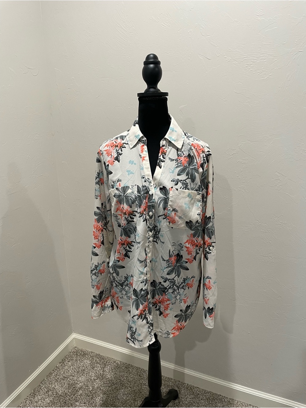 Talbots White Button-Down Shirt with Coral & Gray Floral Print
